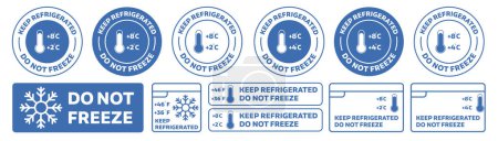 Téléchargez les illustrations : Garder au réfrigérateur - Ne pas congeler le logo de l'icône. Consignes de conservation des emballages alimentaires en bleu et blanc. - en licence libre de droit