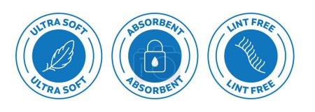 Illustration for Icon set of Ultra soft, Absorbent, and Lint free. Rounded outlined vector icons in blue color. - Royalty Free Image