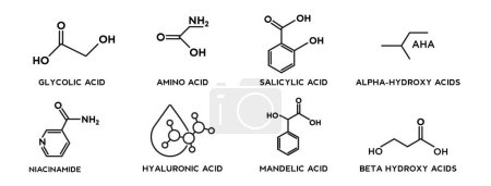 Téléchargez les illustrations : Acide glycolique, Niacinamide, Acide aminé, Acide hyaluronique, Acide salicylique, Acide mandélique, Acides alpha-hydroxy, Collecte d'icônes des acides bêta-hydroxy - en licence libre de droit