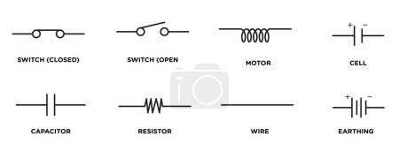 Illustration for Icon set of switch (closed), switch (open), motor, cell, capacitor, resistor, wire, earthing - Royalty Free Image
