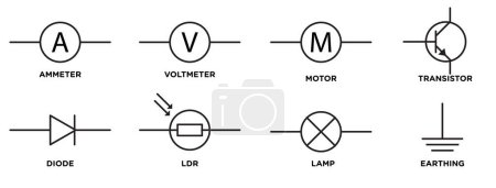 Illustration for Icon set of Ammeter, voltmeter, motor, transistor, diode, ldr, lamp, earthing - Royalty Free Image