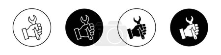 Ilustración de Juego de iconos de llave en mano. Machanic Llave ajustador de tuercas en un estilo negro lleno y esbozado. Empleado del taller sosteniendo el signo de llave. - Imagen libre de derechos