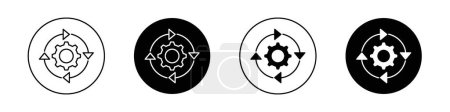 Workflow Process Icon Set. Operations Gear and System Flow Vector symbol in a black filled and outlined style. Efficient Management Sign