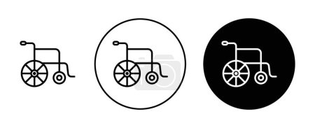 Rollstuhl Icon Set vorhanden. Behinderte medizinische Hilfe Vektor-Symbol in einem schwarz ausgefüllten und umrissenen Stil. Zeichen der Mobilitätsermächtigung.