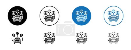 Carpool share icon set. Carsharing service vector symbol in a black filled and outlined style. Eco-friendly ride sharing travel sign.