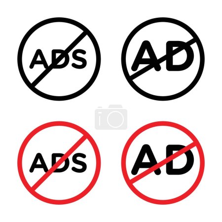Conjunto de iconos de bloqueador de anuncios. Prohibir y detener añadir símbolo vectorial en un estilo negro lleno y esbozado. Anti añadir pop-up signo.