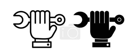 Juego de iconos de reparación.Mano mecánica con símbolo de vector de llave en un negro lleno y delineado style.Car fijar empleado con llave en el signo de mano.