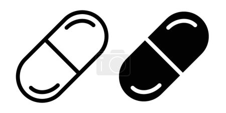 Schmerzmittel Icon Set vorhanden. Schmerzlinderung Medikamentenpille und Kapsel Vektor Symbol in Schwarz Gefüllt und umrissen Stil. Tablette für die medizinische Versorgung.
