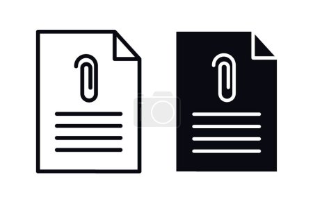 Adjuntar conjunto de iconos de documento. Archivo de papel Doc clip Símbolo vectorial en un estilo negro lleno y delineado. Carga de hojas organizativas y clip de papel Sign.