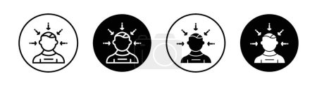 Persuasion icon set. Brainstorming blandishment attention vector symbol in a black filled and outlined style. Man coercion arrow sign.