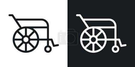 Rollstuhl Icon Set vorhanden. Behinderte medizinische Hilfe Vektor-Symbol in einem schwarz ausgefüllten und umrissenen Stil. Zeichen der Mobilitätsermächtigung.