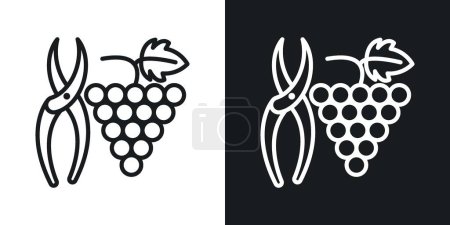 Conjunto de iconos de uva de poda. Tijeras de la planta del vino Símbolo vectorial en un estilo negro lleno y delineado. Signo de maestría de cultivo.