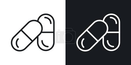 Schmerzmittel Icon Set vorhanden. Schmerzlinderung Medikamentenpille und Kapsel Vektor Symbol in Schwarz Gefüllt und umrissen Stil. Tablette für die medizinische Versorgung.
