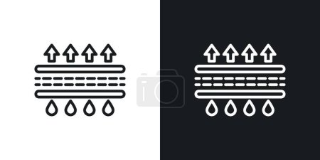 Feuchtigkeit Wicking Icon Set. Schweißabsorptionskontrollvektorsymbol in einem schwarz gefüllten und umrissenen Stil. Wasserdichtes und resistentes Zeichen.