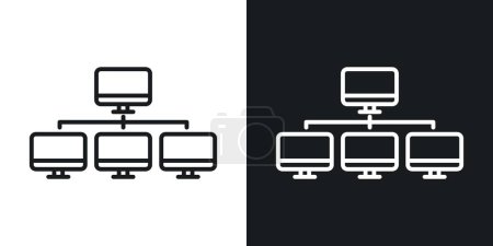 Computer Network Icon Set. Laptop LAN Sharing Vector Symbol in a Black Filled and Outlined Style. Wired Connectivity Hub Sign.