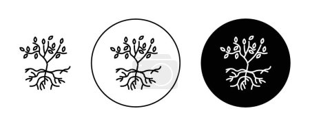 Arbre avec racines et feuilles Icône Set. Symbole vectoriel botanique et feuille racine dans un style noir rempli et contour. Signe de connexion de la Terre.