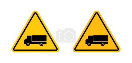 Truck warning sign icon set. Notice for areas with truck traffic and heavy vehicle hazards vector symbol in a black filled and outlined style. Truck safety and traffic caution sign.