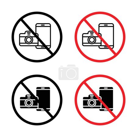Photo et téléphone Interdit Signe Icône Set. Symbole vectoriel d'interdiction de la caméra et du téléphone portable dans un style noir rempli et souligné. Signe de capture et d'interdiction d'appel.