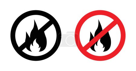 No Fire Sign Icon Set. Flame and burn ban vector symbol in a black filled and outlined style. Combustion Prohibition Sign.
