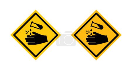 Corrosive acid safety sign icon set. Warning against corrosive acids and chemical dangers vector symbol in a black filled and outlined style. Acid burn prevention and safety sign.