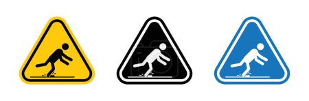 Tripping hazard warning sign icon set. Danger Alert for potential tripping obstacles vector symbol in a black filled and outlined style. Slippery Fall risk reduction and safety advisory sign.