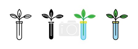 Test Tube with Plant Icon Set. Lab Soil Biology Vector Symbol in a Black Filled and Outlined Style. Growth Experiment Sign.
