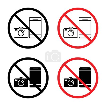 Photo et téléphone Interdit Signe Icône Set. Symbole vectoriel d'interdiction de la caméra et du téléphone portable dans un style noir rempli et souligné. Signe de capture et d'interdiction d'appel.