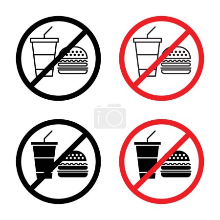 No Food Allowed Sign Icon Set. Eating prohibition vector symbol in a black filled and outlined style. Snack Ban Sign.