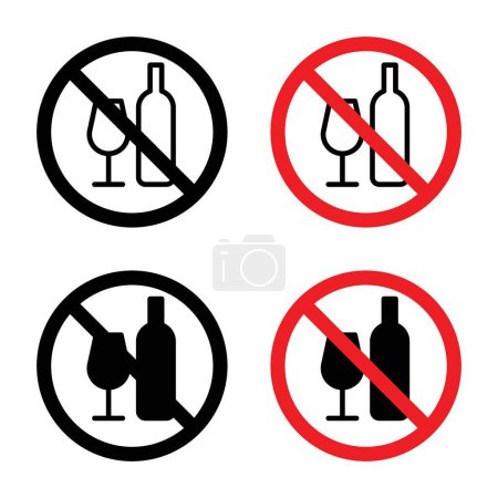 Illustration for No alcohol sign icon set. Prohibition of alcoholic beverages with no alcohol and drink vector symbol in a black filled and outlined style. Guidelines for alcohol-free zones sign. - Royalty Free Image