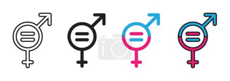 Gender equality icon set. Balance among genders with gender equality and balance vector symbol in a black filled and outlined style. Equal rights promotion with equality and symbol logo sign.
