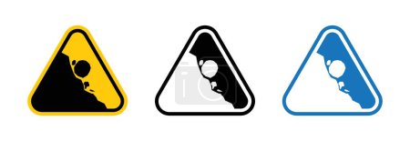 Falling rocks or debris warning road sign icon set. Rockslide alert with falling rocks and warning vector symbol in a black filled and outlined style. Driver safety in prone areas with hazard and caution triangle sign.