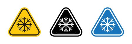Cold warning sign icon set. Notice for low temperature conditions with cold freeze and traffic vector symbol in a black filled and outlined style. Advisory for ice and slip hazards sign.