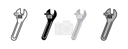 Adjustable Wrench Icon Set. Spanner Pipe Mechanical Vector Symbol in a Black Filled and Outlined Style. Fix in Motion Sign.