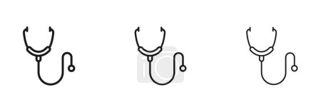 Stethoscope Icon Set. Doctor medic diagnostic vector symbol in a black filled and outlined style. Health Check Sign.