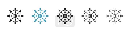 Conjunto de iconos de rueda de nave. Capitán Barco Dirección del timón símbolo vectorial en un negro lleno y delineado estilo. Signo de rueda de goma de barco naval viejo.