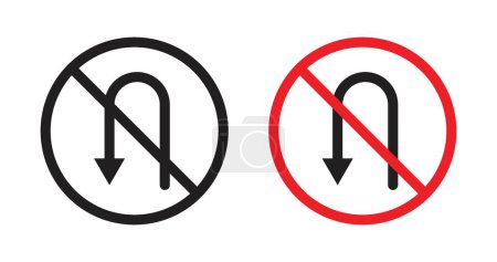 No u turn road sign icon set. Prohibition of Uturns on the road vector symbol in a black filled and outlined style. Dangerous U-turn restriction and road safety sign.