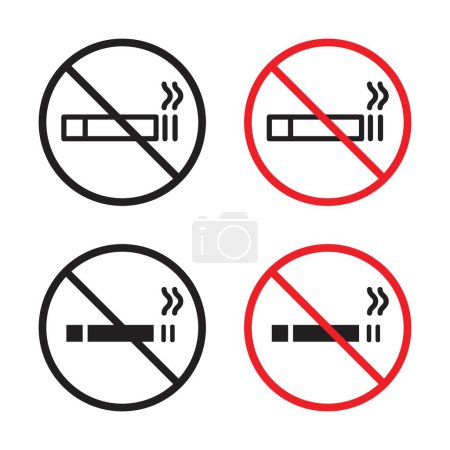 Illustration for No Smoking Cigarette Sign Icon Set. Ban Cigarette Smoke and tobacco vector symbol in a black filled and outlined style. Inhalation Prohibition Sign. - Royalty Free Image