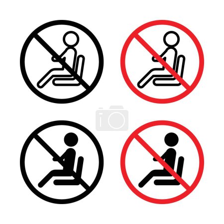 No sitting sign icon set. Ban on sitting in specific locations with no sit and prohibited vector symbol in a black filled and outlined style. Guidelines for restricted seating areas sign.