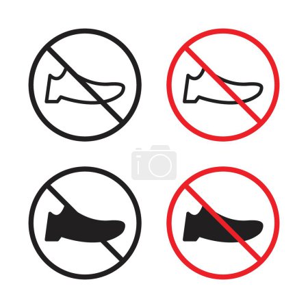 No hay zapatos signo icono conjunto. Asesoramiento contra el uso de zapatos en áreas designadas símbolo vectorial en un estilo negro lleno y esbozado. Zonas libres de calzado y signo de promoción de la higiene.