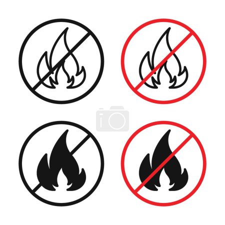 No Fire Sign Icon Set. Flame and burn ban vector symbol in a black filled and outlined style. Combustion Prohibition Sign.