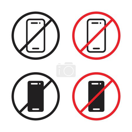 Aucun téléphone portable signe Icône Set. Symbole vectoriel d'interdiction d'utilisation mobile dans un style noir rempli et souligné. Signe de mode silencieux.
