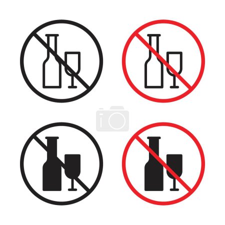 No alcohol sign icon set. Prohibition of alcoholic beverages with no alcohol and drink vector symbol in a black filled and outlined style. Guidelines for alcohol-free zones sign.