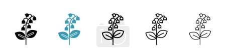 May Lily Icon Set. Valley and bloom Lily vector symbol in a black filled and outlined style. White Nature Spring convallaria Sign.