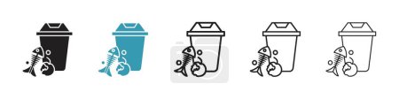 Set de iconos de desperdicio de alimentos. Símbolo vectorial de basura de desperdicio de comida en un estilo negro lleno y esbozado. Residuos Reducir signo.