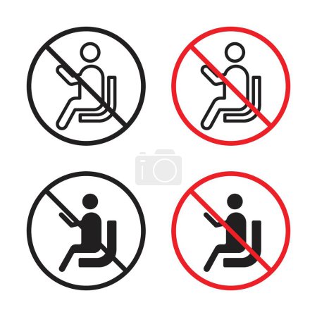 No te sientes Conjunto de iconos de signo. El reposo del asiento prohíbe el símbolo vectorial en un estilo negro lleno y esbozado. Señal de restricción de sentarse.