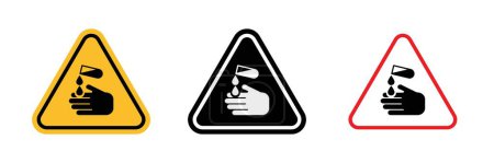Conjunto de iconos de seguridad de ácido corrosivo. Advertencia contra ácidos corrosivos y peligros químicos símbolo vectorial en un estilo negro lleno y esbozado. Signo de prevención y seguridad de quemaduras ácidas.