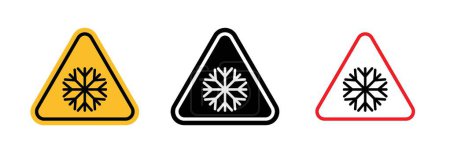 Cold warning sign icon set. Notice for low temperature conditions with cold freeze and traffic vector symbol in a black filled and outlined style. Advisory for ice and slip hazards sign.