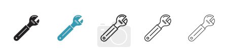 Adjustable Wrench Icon Set. Spanner Pipe Mechanical Vector Symbol in a Black Filled and Outlined Style. Fix in Motion Sign.