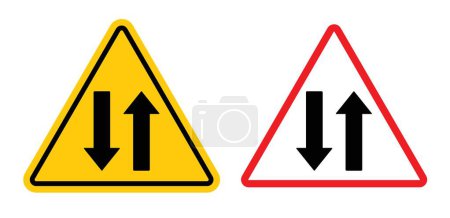 Zwei-Wege-Verkehrszeichen gesetzt. Anzeige des bidirektionalen Fahrzeugflussvektorsymbols in schwarz ausgefüllter und umrissener Form. Verkehrslenkung und Wegweiser.