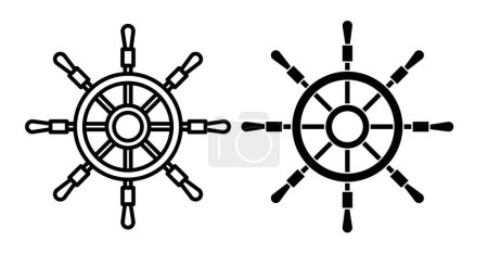 Ship Wheel Icon Set. Captain Boat Steering helm vector symbol in a black filled and outlined style. Old Navy Ship Rubber Wheel Sign.